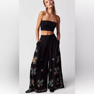 Free People Florence Embroidered Pants Wide Leg Floral Pleating Navy Combo